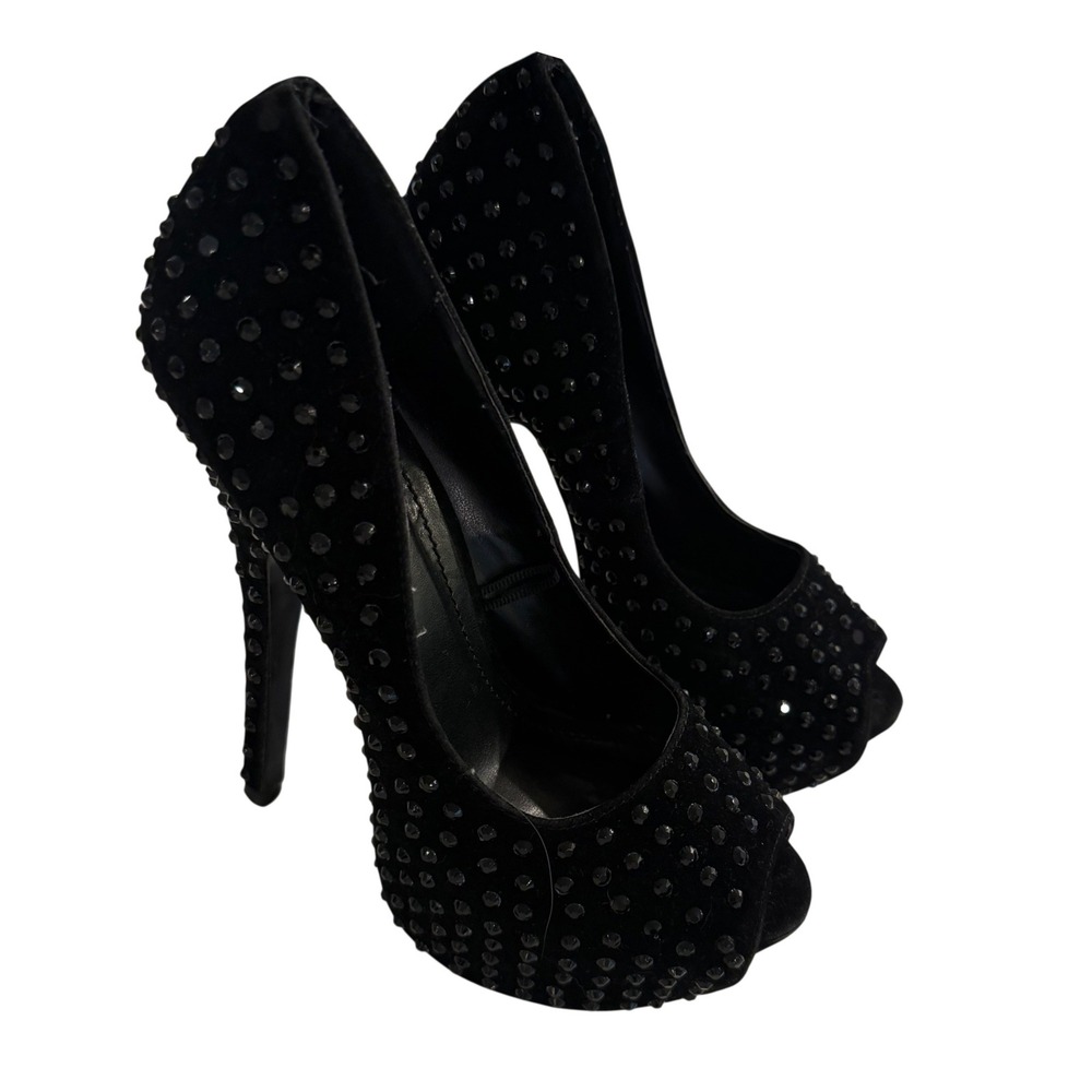 Shiekh Black Crystal-Studded Peep-Toe Platform Pumps